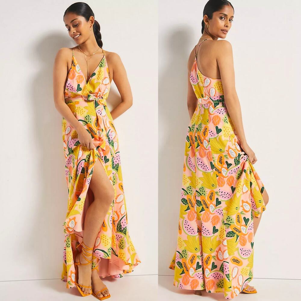 Hutch Anthropologie Maxi Dress High Low Wrap Fruit Print Yellow Pink Orange XS
